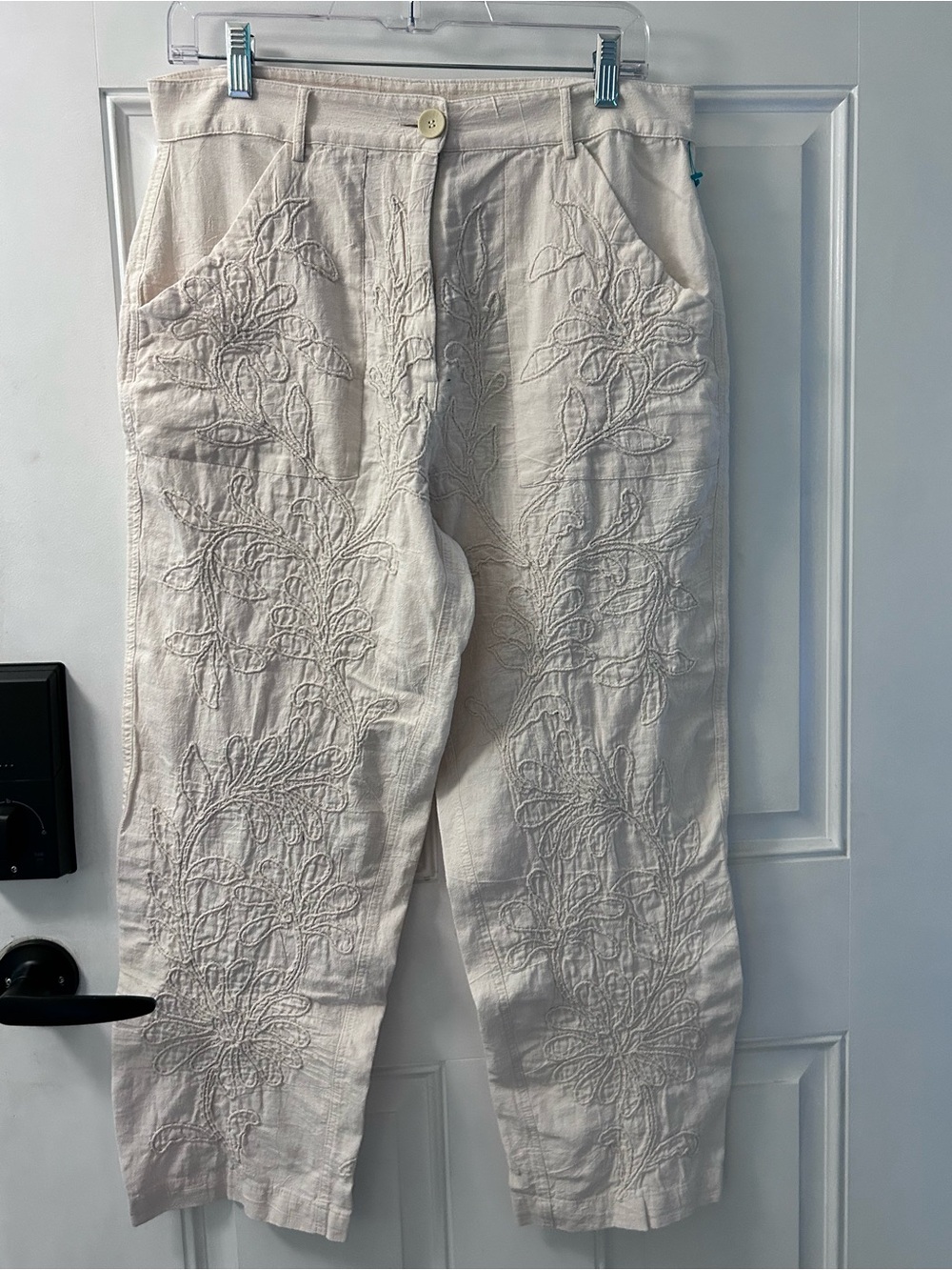 Zara Cream Embroidered Cotton-Linen Chinos
